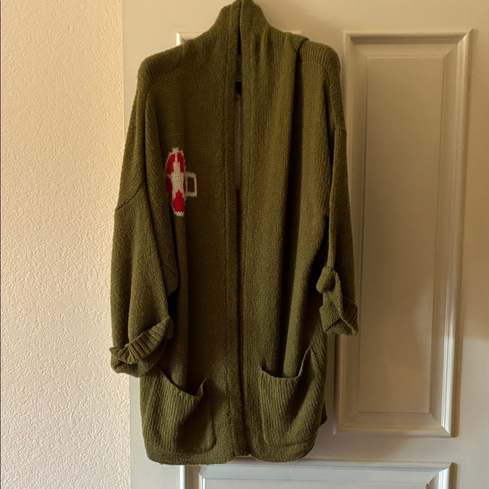 Wildfox Olive Cardigan with Red and White Accents